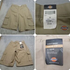 Dickies Cargo Shorts Mens 32 Beige Loose Fit 13" Inseam Wrinkle Resist Baggy NEW